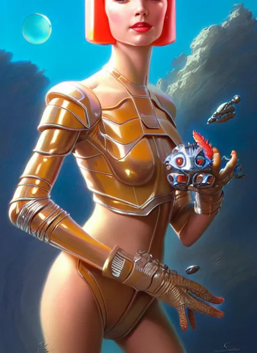 Image similar to face of a cute alien girl wearing shiny plastic armor in the style of roger dean and alberto vargas and stefan kostic, realistic, sharp focus, 8 k high definition, insanely detailed, intricate, elegant, art by greg rutkowski and artgerm, extreme blur coral reef background