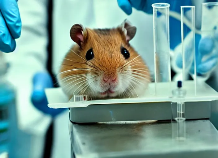 Image similar to film still of a hamster working in a research lab filling test tubes, 8 k