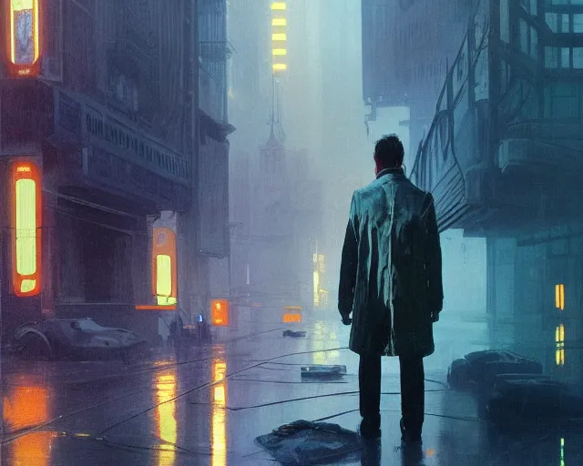 Image similar to 1 9 7 0 blade runner movie young man young clint eastwood western look at the cityscape from roof perfect face fine realistic face pretty face reflective polymer suit tight neon puffy jacket blue futuristic sci - fi elegant by denis villeneuve tom anders zorn hans dragan bibin thoma greg rutkowski ismail inceoglu illustrated sand storm alphonse mucha