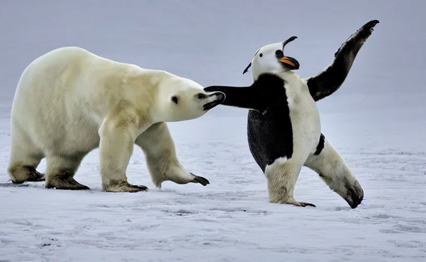 Image similar to A penguin, riding a polar bear, in an epic medieval battle