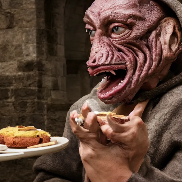 Image similar to closeup profile face portrait of a medieval goblin eating cakes in the cloisters, depth of field, zeiss lens, detailed, symmetrical, centered, fashion photoshoot, by annie leibovitz and steve mccurry, david lazar, jimmy nelsson, breathtaking, 8 k resolution, extremely detailed, beautiful, establishing shot, artistic, hyperrealistic, beautiful face, octane render