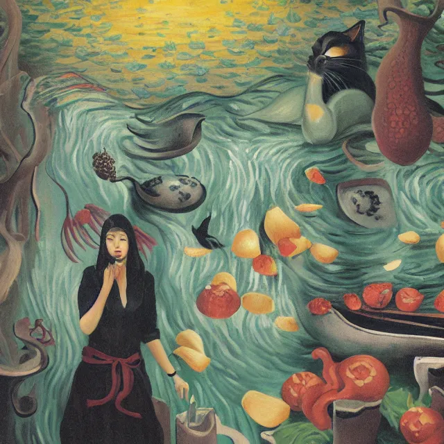 Image similar to tall female catgirl artist holding berry pancakes in her flooded apartment, pomegranates, octopus, water gushing from ceiling, painting of flood waters inside an artist's apartment, a river flooding indoors, mushrooms, ikebana, zen, rapids, waterfall, black swans, canoe, berries, acrylic on canvas, surrealist, by magritte and monet