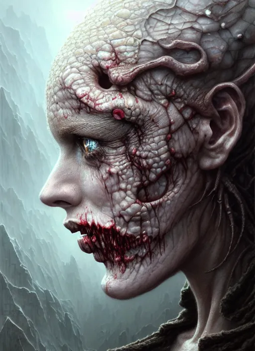 Image similar to portrait side profile shot of a pale blind zombie, a scenic dystopian environment, intricate, elegant, highly detailed, centered, digital painting, artstation, concept art, smooth, sharp focus, illustration, artgerm, tomasz alen kopera, peter mohrbacher, donato giancola, joseph christian leyendecker, wlop, boris vallejo