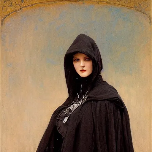 Prompt: portrait of a young women wearing a black cloak, her face is a skull, ultra realistic and highly detailed painting by gaston bussiere and j. c. leyendecker 8 k