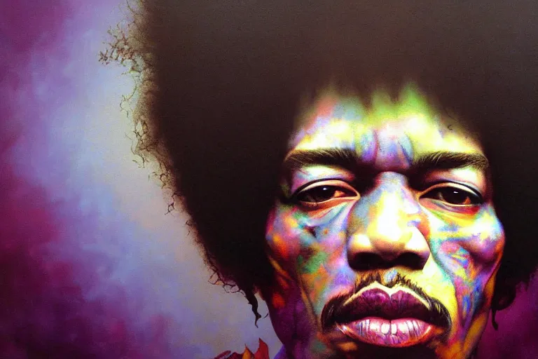 Prompt: A Weirdcore Mesmerizing 8k hyperrealistic Photo Portrait jimi hendrix transforming into a purple haze, soft, sharp focus, detailed, painted by Caravaggio, Greg rutkowski, Sachin Teng, Thomas Kindkade, Alphonse Mucha, Norman Rockwell, Tom Bagshaw