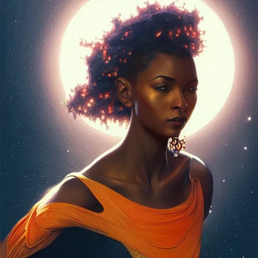 Image similar to portrait of very very very very very very beautiful african woman, spacesuit, orange eyes, intricate, elegant, highly detailed, digital painting, artstation, concept art, smooth, sharp focus, illustration, art by artgerm and greg rutkowski and alphonse mucha