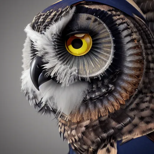 Image similar to detailed portrait of a mechanic owl, watch on his head, feathers from mechanical watch parts, in half a turn, hyper detailed, stylistic, symmetrical, 3 d render, 8 k, octane render