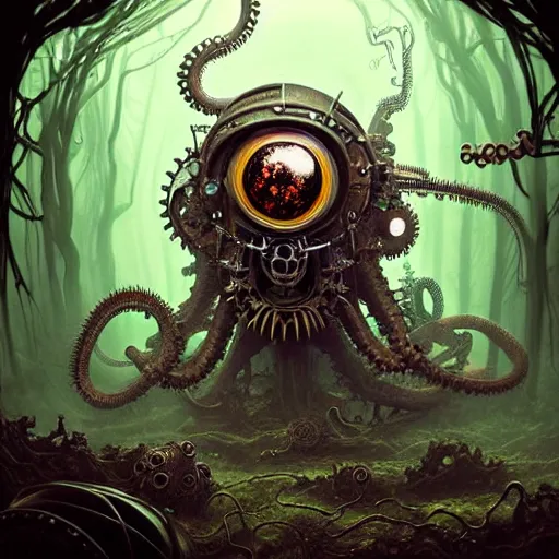 Image similar to biomechanical steampunk creature with robotic parts and big octopus head and (glowing) eyes guarding an ancient lush cave in a mystic forest, gothic and baroque, brutalist architecture, ultradetailed, creepy ambiance, fog, artgerm, giger, Intricate by Ellen Jewett and Josan Gonzalez and Giuseppe Arcimboldo