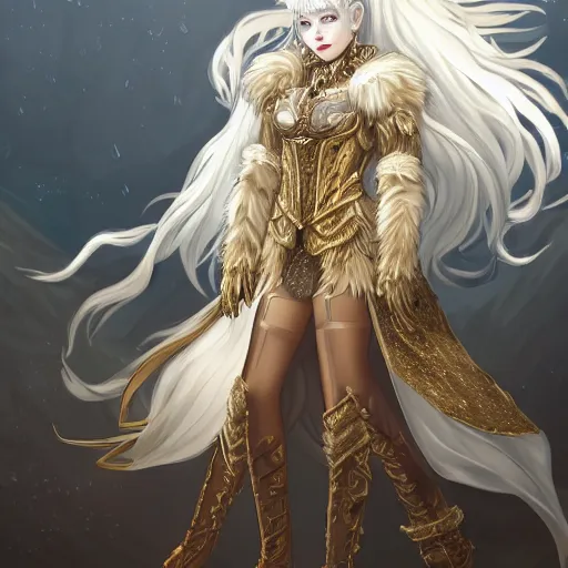 Image similar to commissioned full body portrait of a female anthropomorphic furry wolf princess fursona with white hair wearing a white and gold armored dress in a white and gold palace, by Wlop and jerry park, artstation, extremely detailed