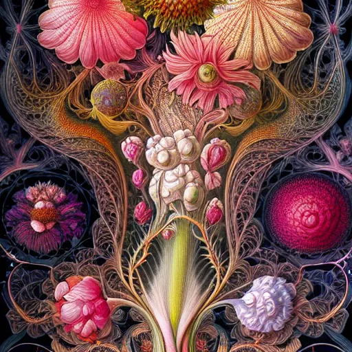 Prompt: an ultra hd detailed painting of many different types of flowers by Android Jones, Earnst Haeckel, James Jean. behance contest winner, generative art, Baroque, intricate patterns, fractalism, movie still, photorealistic