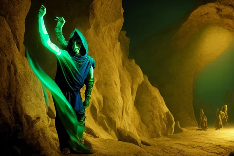 Image similar to vfx film, soul reaver, raziel irl, price of persia movie, missing jaw, hero pose, devouring magic souls, scarf, hood, glowing green soul blade, in epic ancient sacred huge cave temple, flat color profile low - key lighting award winning photography arri alexa cinematography, hyper real photorealistic cinematic beautiful, atmospheric cool colorgrade