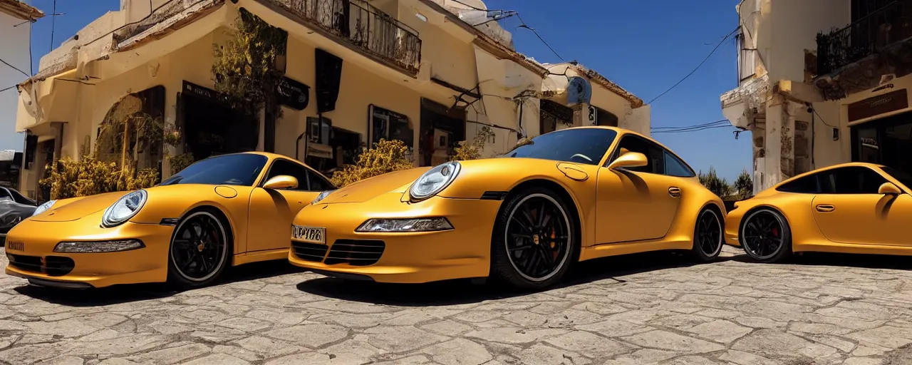 Image similar to Photo of a copper yellow Porsche 911 Carrera 3.2 parked in front of a cafe in Cyprus, daylight, dramatic lighting, award winning, highly detailed