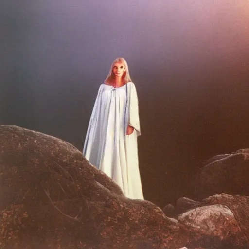 Image similar to 1 9 7 0's artistic spaghetti western movie, a woman in a giant billowy wide flowing waving dress made out of white smoke, standing inside a dark western beautiful rocky scenic landscape, volumetric lighting, backlit, moody, mercurial, atmospheric