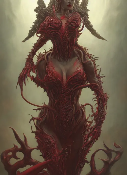 Prompt: a detailed full body portrait of the queen of blades, diablo 4 lilith, sideshow figurines, by tom bagshaw, dorian cleavenger, greg rutkowski, wlop, astri lohne, zdzisław beksinski trending on artstation