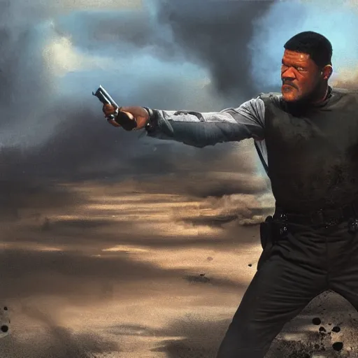 Image similar to a beautiful matte painting of laurence fishburne in an action movie, by steve argyle and mark arian