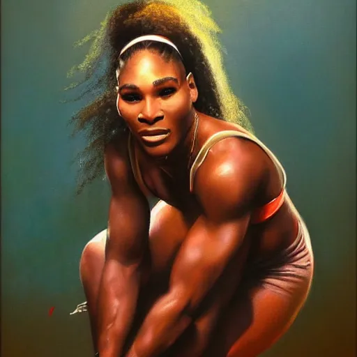 Prompt: ultra realistic portrait painting of serena williams as a pop singer, art by frank frazetta, 4 k, ultra realistic, highly detailed, epic lighting.