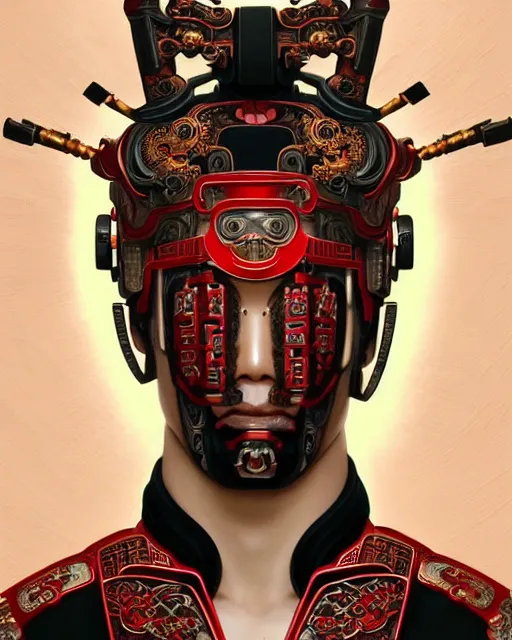 Image similar to portrait of a chinese masculine male cyberpunk machine, machine face, upper half portrait, decorated with chinese opera motifs, muscular, asian, fine china, wuxia, traditional chinese art intricate intense elegant 京 剧 highly detailed symmetry headpiece digital painting artstation concept art smooth sharp focus illustration, art by artgerm and greg rutkowski alphonse mucha 8 k