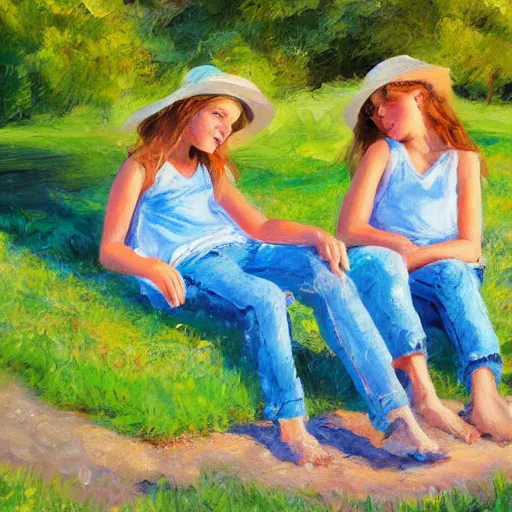 Prompt: Two sisters aged 8 to 9 sitting on the bank, relaxing on a sunny day , oil painting, bright colors, clear day, 8k resolution, maximum detail