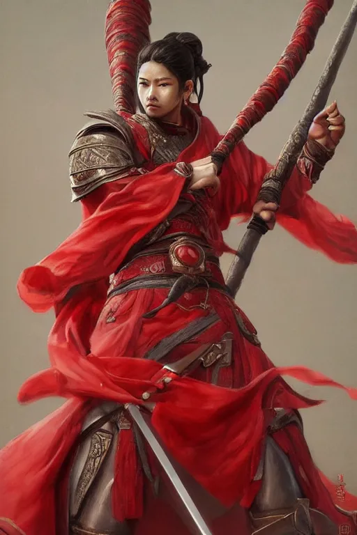 Image similar to a masterpiece portrait of nezha, red cloth around his shoulders, hold spear, cinematic, fantasy character portrait, highly detailed, by ne zha ( 2 0 1 9 ), fenghua zhong,