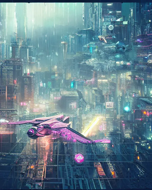 Image similar to cyberpunk drone above a city, scifi, futuristic, neon light, highly detailed, concept art, sharp focus, trending on artstation, intricate, atmosphere, raining, art by roman makarenko, dzung phung dinh