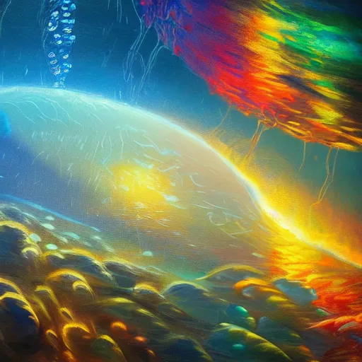 Image similar to ultra realist soft painting of an underwater fish universe in a storm globe, symmetry accurate features, very intricate details, rainbow lighting, volumetric light water