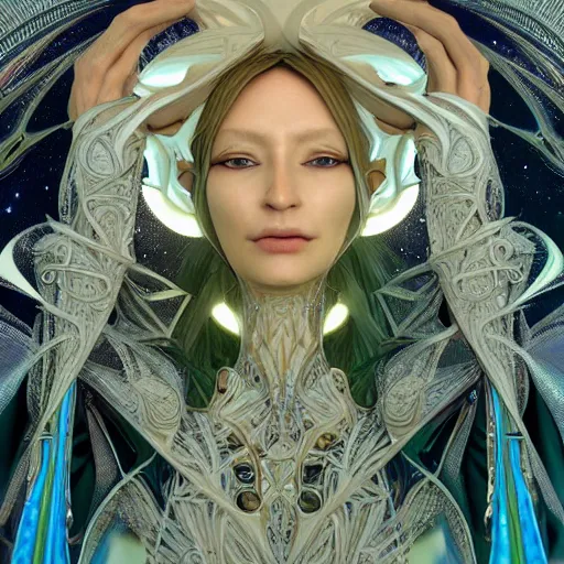 Image similar to dmt elf by zaha hadid, rick owens and alphonse mucha. highly detailed, hyper - real, very beautiful, intricate fractal details, very complex, opulent, epic, mysterious, polished, futuristic design, trending on deviantart and artstation