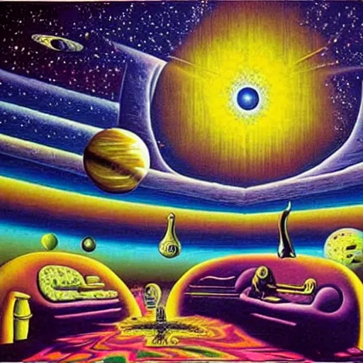 Image similar to psychedelic trippy couch in background in space, planets, milky way, sofa, cartoon by rob gonsalves and salvador dali