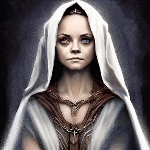 Image similar to young christina ricci as an elvish pope, digital illustration, by artgerm and greg rutkowski,