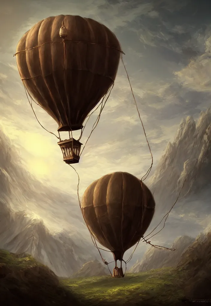 Image similar to old air balloon, epic fantasy, detailed, intricate, digital painting, concept art, realistic, smooth, focus, rim light