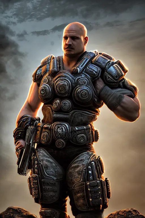 Image similar to JordanPetterson as a muscular Gears of War character, photorealism, half body, HDR ambient background, unreal engine 5, hyperrealistic, highly detailed, XF IQ4, 150MP, 50mm, F1.4, ISO 200, 1/160s, cinematic lights, Adobe Lightroom, photolab, Affinity Photo, PhotoDirector 365, realistic