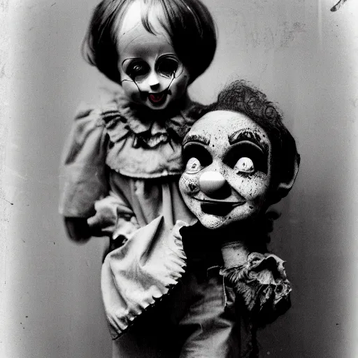 Image similar to clown ventriloquist doll smiling, ventriloquist dummy, photo, surrealistic, creepy, dark, epic, cinematic, style of atget, detailed