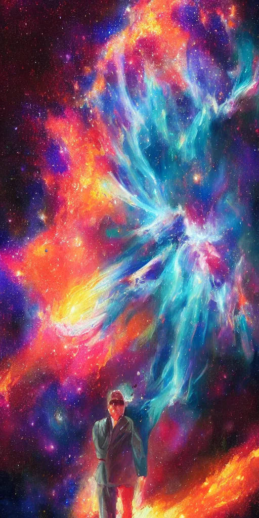 Image similar to an old painting of a man decipted as a nebula explosion, digital painting,