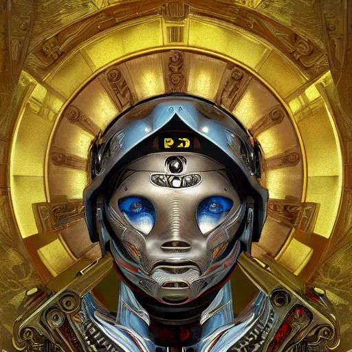 Image similar to portrait of military robot made with plasteel by Jeff Easley and Peter Elson + beautiful eyes, beautiful face + symmetry face + border and embellishments inspiried by alphonse mucha, fractals in the background, galaxy + baroque, gothic, surreal + highly detailed, intricate complexity, epic composition, magical atmosphere + masterpiece, award winning + trending on artstation