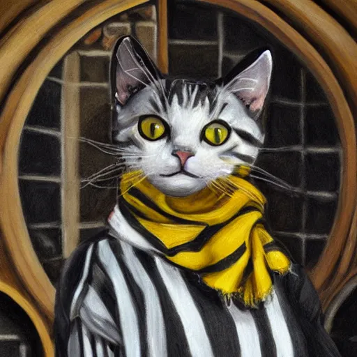 Image similar to oil painting extreme wide shot of a white and grey tabby cat wearing a black yellow striped hufflepuff scarf, in the gloucester cathedral cloisters, digital painting, high detail, award - winning, playful