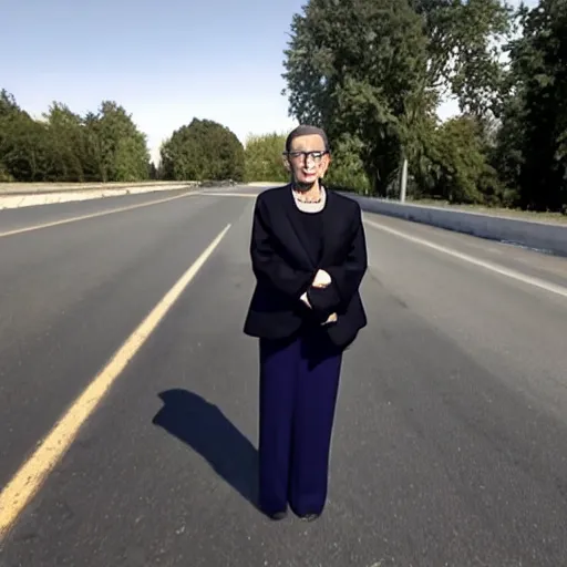 Image similar to ruth bader ginsburg standing in the middle of a highway, dashcam footage, accident