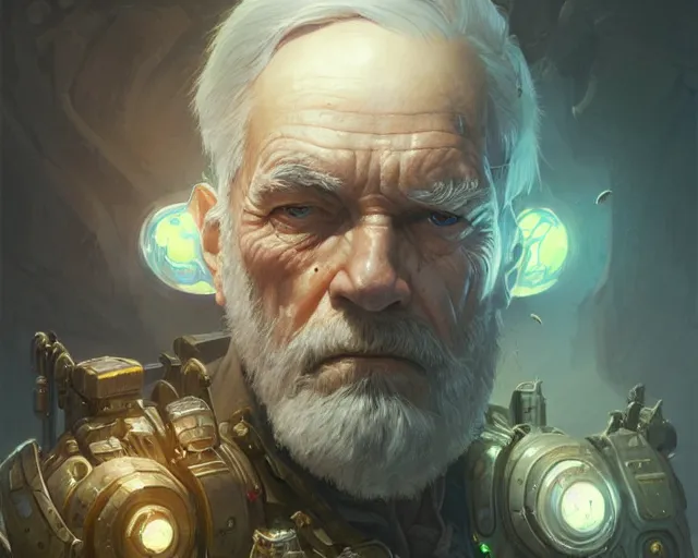 Prompt: old man with cyborg features, deep focus, d & d, fantasy, intricate, elegant, highly detailed, digital painting, artstation, concept art, matte, sharp focus, illustration, hearthstone, art by artgerm and greg rutkowski and alphonse mucha