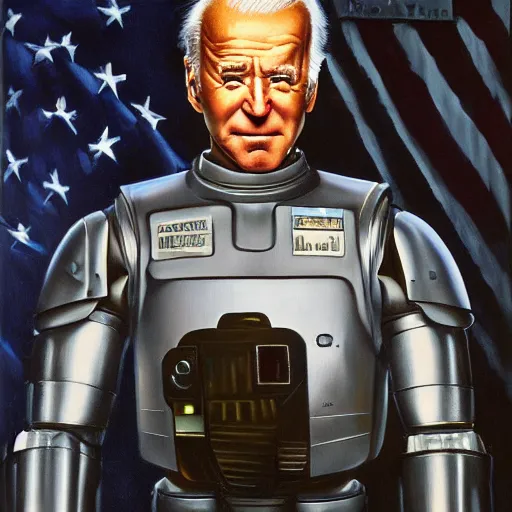 Image similar to joe biden as robocop, realistic oil painting, style of norman rockwell, 8 k, super sharp, ultra detail, rule of thirds,