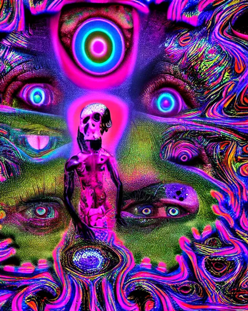 Image similar to psychedelic trip the future and i saw death coming to get me, death, trippy, lots of eyes, 8k, ultra realistic