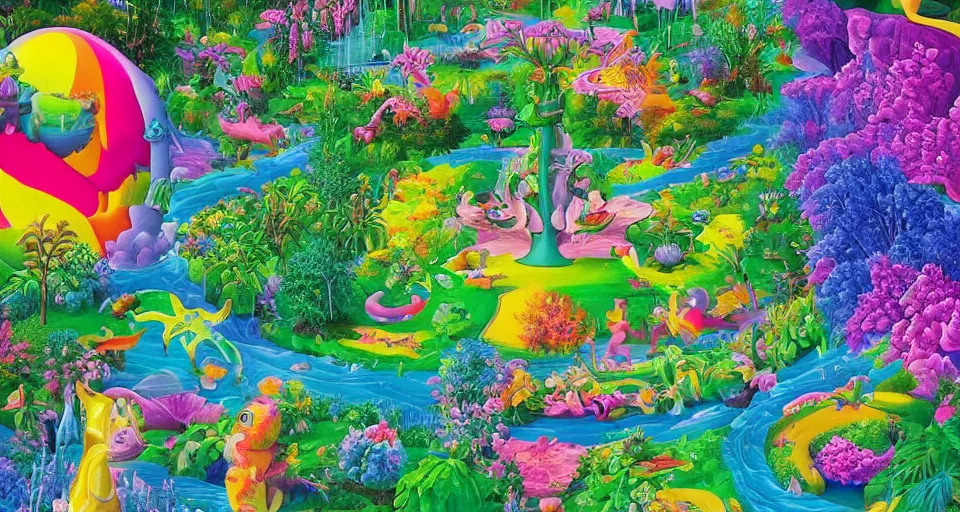 Image similar to bosch and lisa frank and beeple painting of a magnificent garden