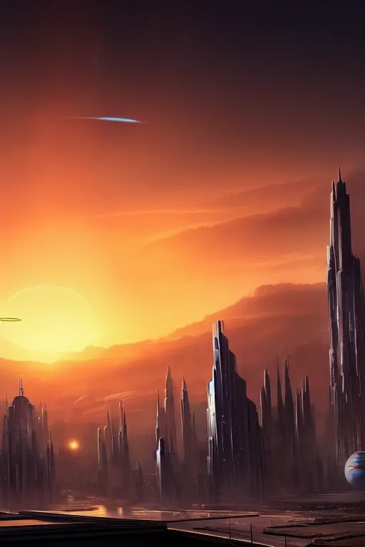 Image similar to sifi - ci city sunset, planets in the sky by dylan cole, matte painting with high detail, ground level, sci - fi star wars megacity with dramatic lighting and dramatic sky, 4 k, cinematic cinematography.