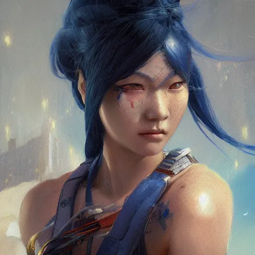 Image similar to Very detailed masterpiece painting of a young female asian cyberpunk warrior with dark blue hair, portrait, artstation, concept art by Greg Rutkowski