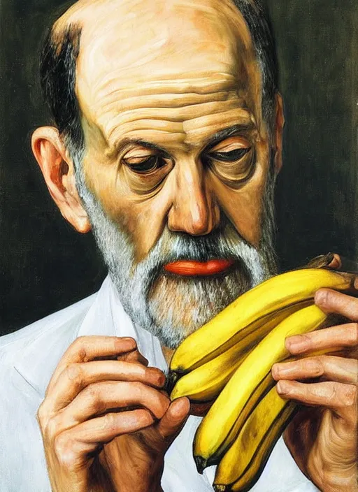 Prompt: “portrait of sigmund Freud eating a banana, by lucian freud, Freudian, fleshy, visible brush strokes, in oil”