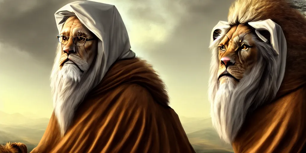 Prompt: a hooded wise old man with a long white beard wearing a brown hooded tunic riding a ( beautiful lion ), majestic, epic digital art, cinematic, trending on artstation, superb detail 8 k, wide - angle, masterpiece