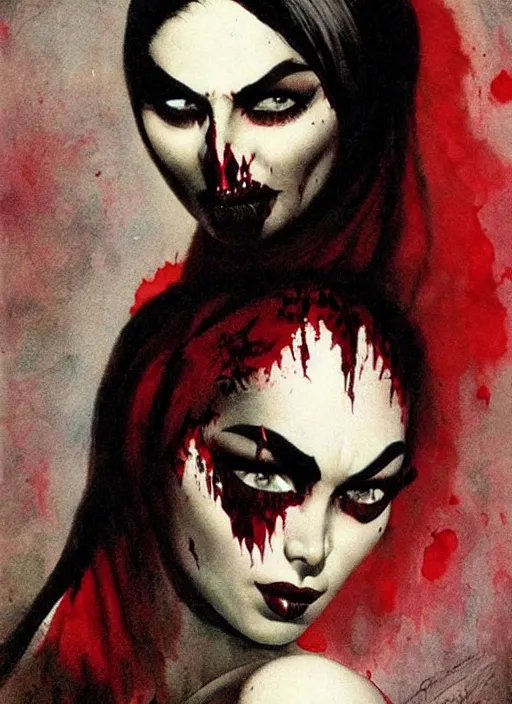 Image similar to portrait of bald iranian vampiress, strong line, saturated color, beautiful! coherent! by frank frazetta, high contrast, blood splatter background