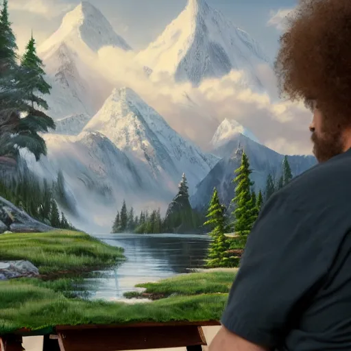 Image similar to a closeup photorealistic photograph of bob ross working on a canvas painting of deadpool. film still. brightly lit scene. mountains and trees. this 4 k hd image is trending on artstation, featured on behance, well - rendered, extra crisp, features intricate detail, epic composition and the style of unreal engine.