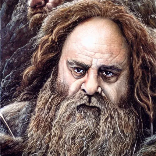 Prompt: portrait of danny devito as gimli, by alan lee, lord of the rings calendar, smooth, detailed terrain, oil painting, matte painting, concept art, trending on artstation, promotional artwork, film still, elegant, photorealistic facial features, intricate, detailed face, cinematic lighting