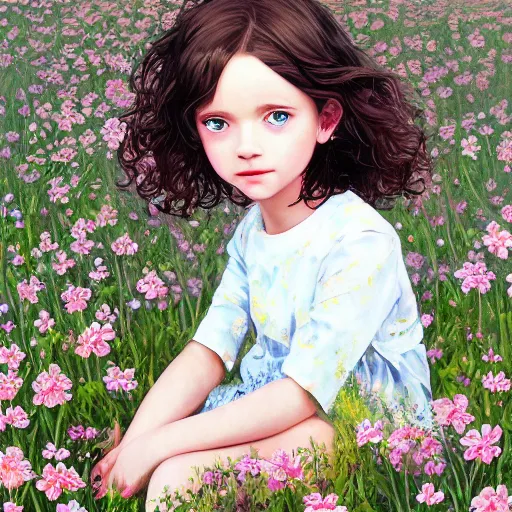 Image similar to a painting of a little girl with short wavy curly light brown hair and blue eyes, sitting in a field of flowers. beautiful detailed face line art by ilya kuvshinov and