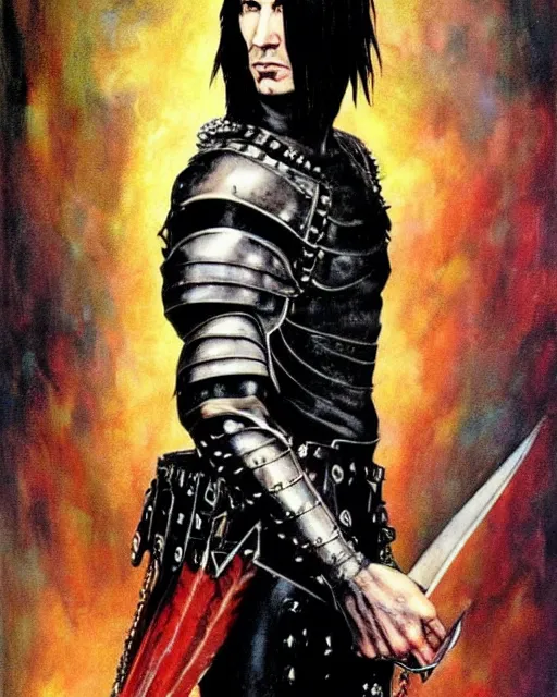 Image similar to portrait of a skinny punk goth keanu reeves wearing armor by simon bisley, john blance, frank frazetta, fantasy, thief warrior, colorful flowers floral