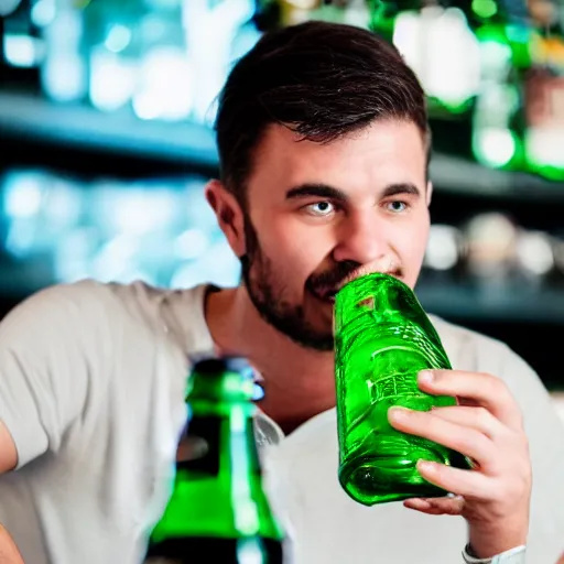 Prompt: man drinking a giant bottle of sprite at a restaurant high resolution photo