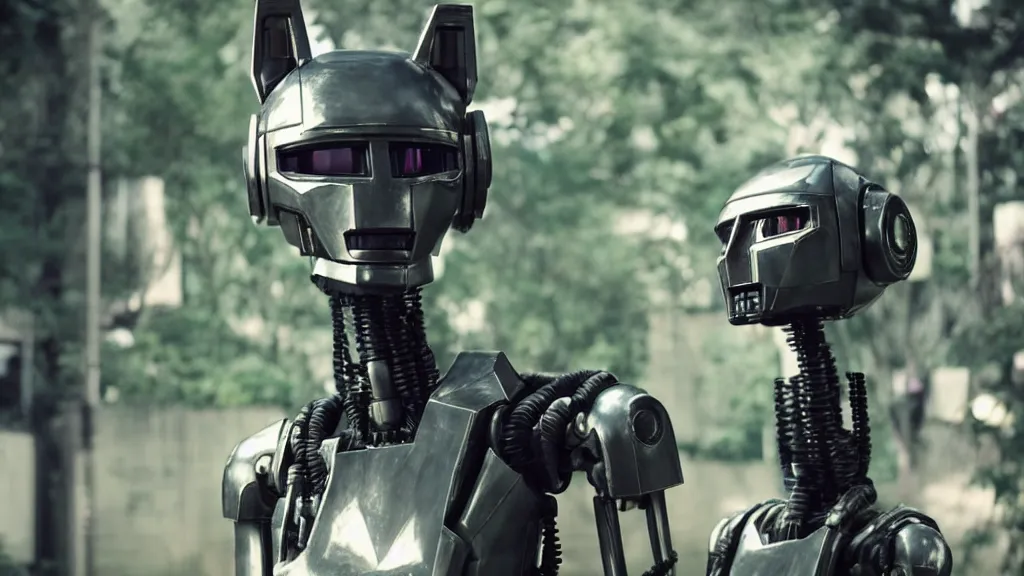 Image similar to film still from the movie chappie of the robot chappie shiny metal outdoor park scene bokeh depth of field furry anthro anthropomorphic stylized cat ears head android service droid robot machine fursona